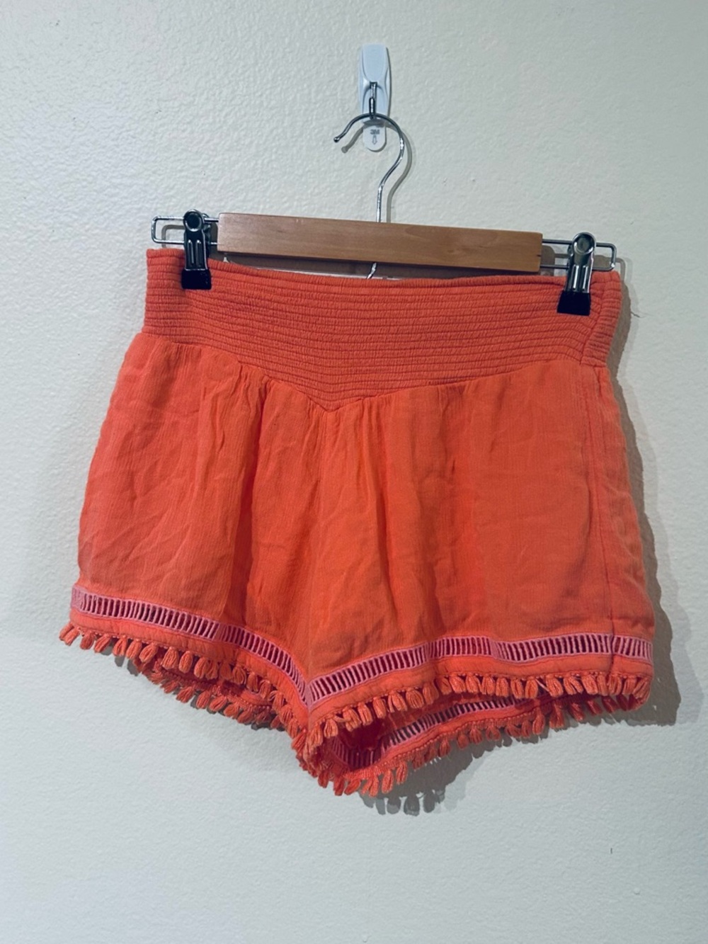 Abercrombie & Fitch Coral Orange Tassel Trim High-Waist Shorts